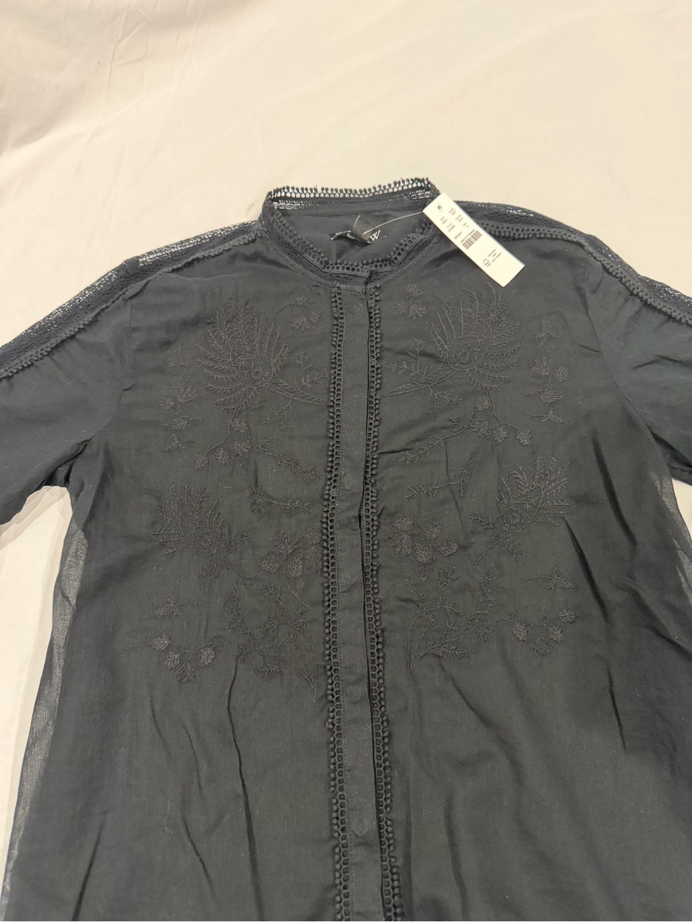 J. Crew Black Embroidered Lace Trim Button Up